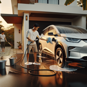 Một người đang dùng khăn microfiber màu xanh lau khô khu vực cổng sạc trên một chiếc xe điện màu xám sau khi rửa.