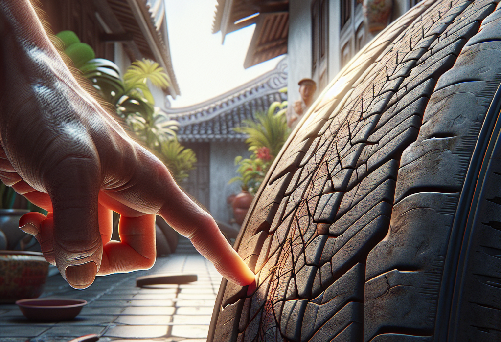 Một người đang dùng tay kiểm tra bề mặt thành lốp của một chiếc ô tô điện hiện đại.