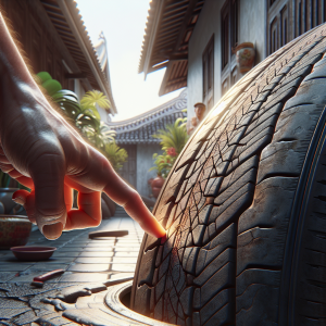 Một người đang dùng tay kiểm tra bề mặt thành lốp của một chiếc ô tô điện hiện đại.