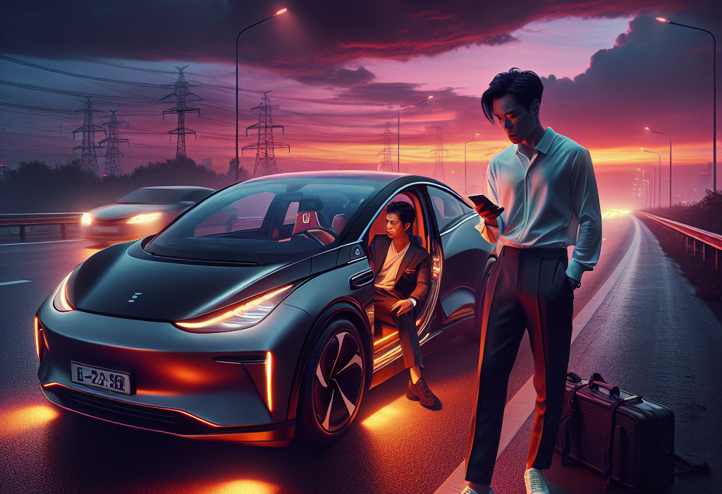 Một chiếc xe điện đang được sạc bằng bộ sạc di động bên lề đường vào ban đêm.