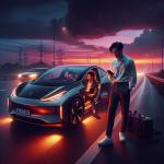 Một chiếc xe điện đang được sạc bằng bộ sạc di động bên lề đường vào ban đêm.