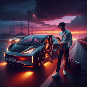 Một chiếc xe điện đang được sạc bằng bộ sạc di động bên lề đường vào ban đêm.