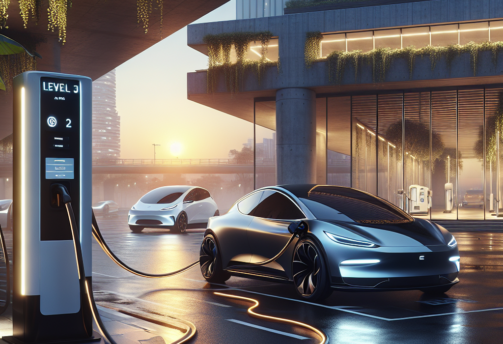 Hình ảnh so sánh ba loại trụ sạc xe điện: bộ sạc di động Cấp 1, trạm sạc treo tường Cấp 2, và trụ sạc nhanh DC Cấp 3.