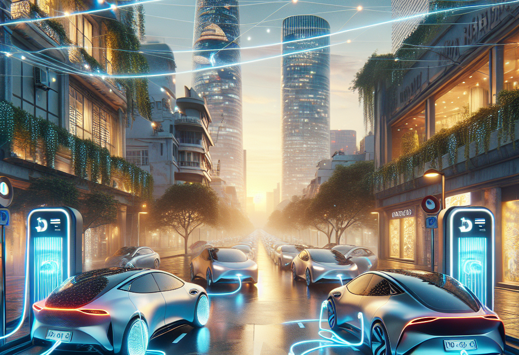 Một chiếc xe điện đang sạc pin vào ban đêm với nền là biểu đồ phụ tải điện đã được san phẳng nhờ công nghệ sạc thông minh.