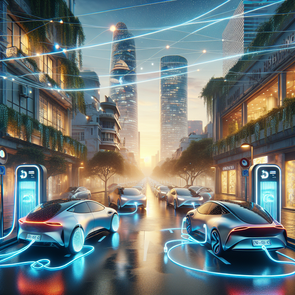 Một chiếc xe điện đang sạc pin vào ban đêm với nền là biểu đồ phụ tải điện đã được san phẳng nhờ công nghệ sạc thông minh.