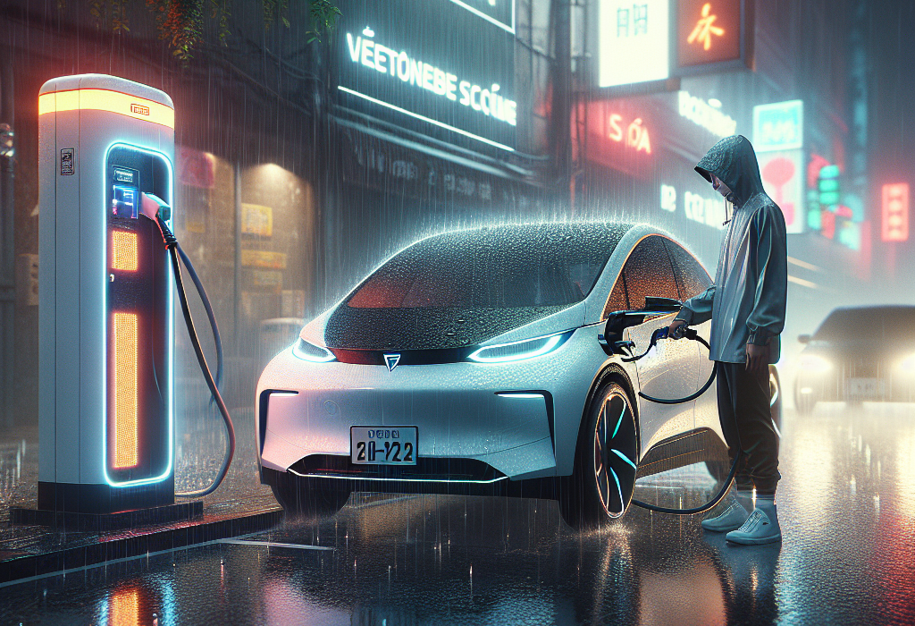 Một chiếc xe điện đang được sạc pin dưới trời mưa vào ban đêm, các giọt nước đọng trên đầu sạc và thân xe.