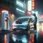 Một chiếc xe điện đang được sạc pin dưới trời mưa vào ban đêm, các giọt nước đọng trên đầu sạc và thân xe.