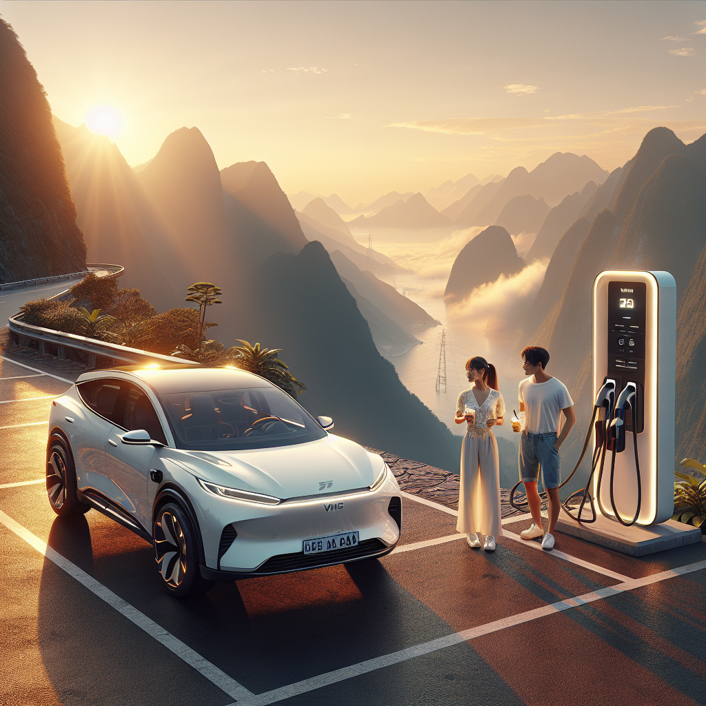 Một chiếc ô tô điện VinFast màu xanh đang được sạc tại một trạm sạc nhanh bên cạnh đường quốc lộ ở Việt Nam.