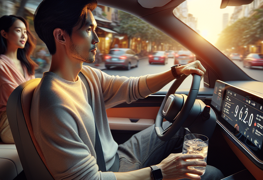 Một người tài xế đang đặt chân lên bàn đạp ga của xe điện, hình ảnh tập trung vào sự điều khiển mượt mà, tinh tế.