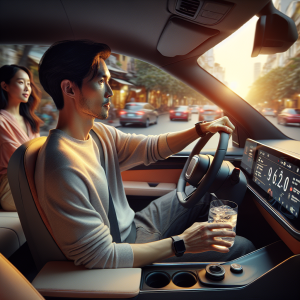 Một người tài xế đang đặt chân lên bàn đạp ga của xe điện, hình ảnh tập trung vào sự điều khiển mượt mà, tinh tế.