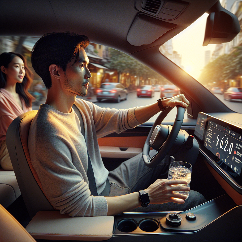 Một người tài xế đang đặt chân lên bàn đạp ga của xe điện, hình ảnh tập trung vào sự điều khiển mượt mà, tinh tế.