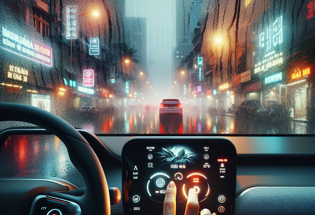 Bảng điều khiển điều hòa trên xe điện với nút sấy kính lái được khoanh tròn.