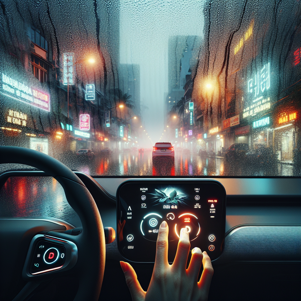 Bảng điều khiển điều hòa trên xe điện với nút sấy kính lái được khoanh tròn.