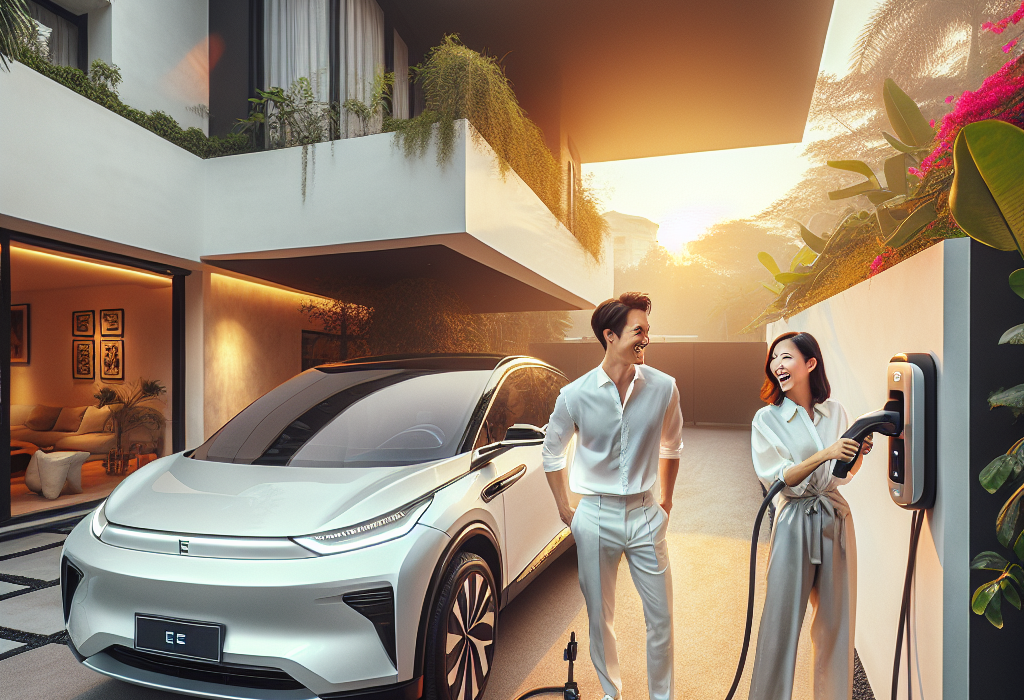 Một chiếc xe điện màu trắng hiện đại đang được sạc tại trạm sạc công cộng vào ban đêm.