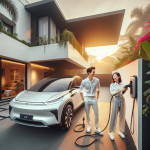 Một chiếc xe điện màu trắng hiện đại đang được sạc tại trạm sạc công cộng vào ban đêm.