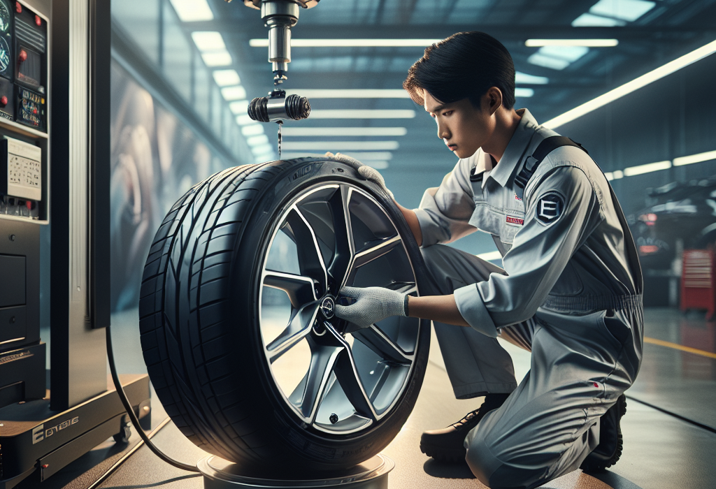 Kỹ thuật viên đang thực hiện cân bằng động cho lốp xe điện trên máy chuyên dụng.