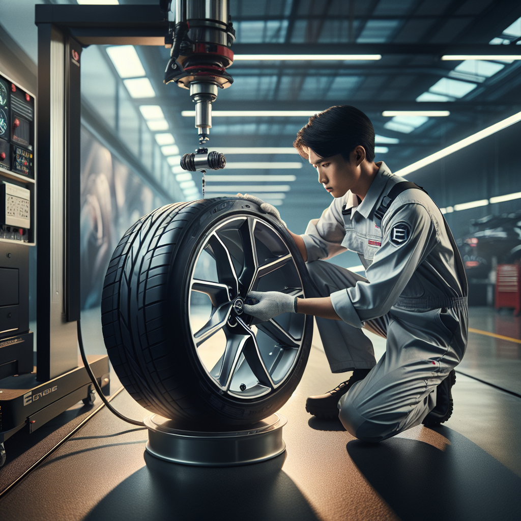 Kỹ thuật viên đang thực hiện cân bằng động cho lốp xe điện trên máy chuyên dụng.