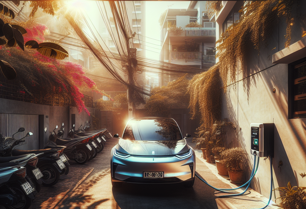 Một chiếc xe điện màu trắng đang sạc dưới mái che của một bãi đỗ xe, ánh nắng gắt chiếu sáng xung quanh, tượng trưng cho việc bảo vệ xe khỏi nhiệt độ cao.