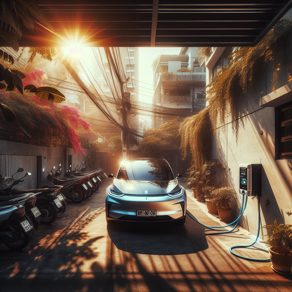 Một chiếc xe điện màu trắng đang sạc dưới mái che của một bãi đỗ xe, ánh nắng gắt chiếu sáng xung quanh, tượng trưng cho việc bảo vệ xe khỏi nhiệt độ cao.