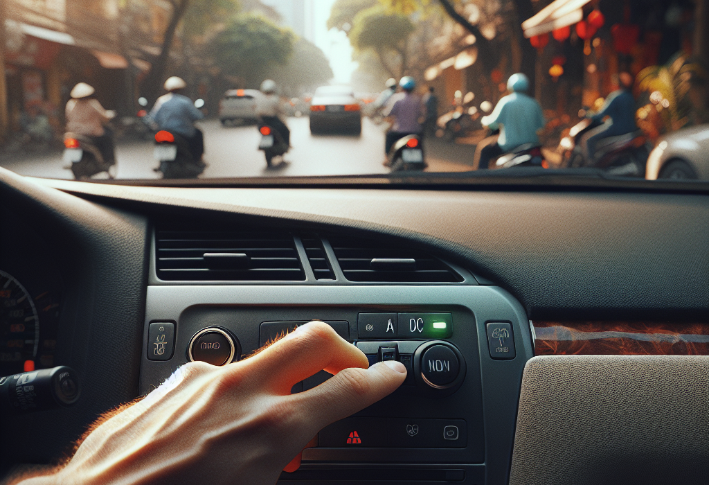 Một người tài xế đang nhấn nút A/C trên bảng điều khiển của một chiếc ô tô điện hiện đại.
