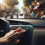 Một người tài xế đang nhấn nút A/C trên bảng điều khiển của một chiếc ô tô điện hiện đại.