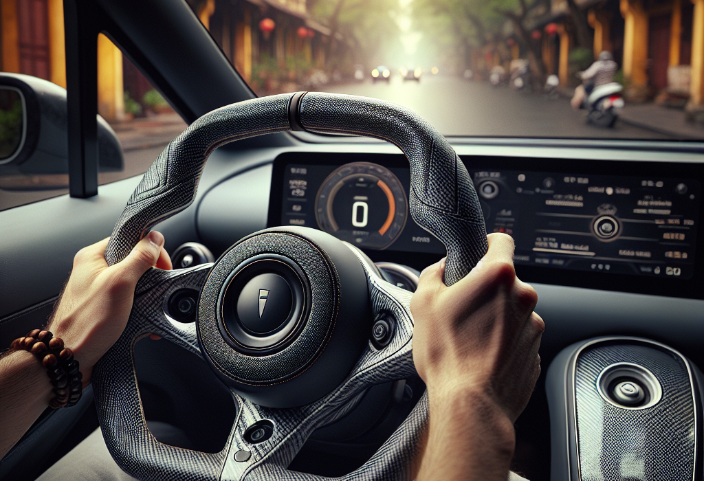 Cận cảnh bàn tay đang cầm vô lăng xe điện được bọc da Alcantara cao cấp, nội thất xe hiện đại.