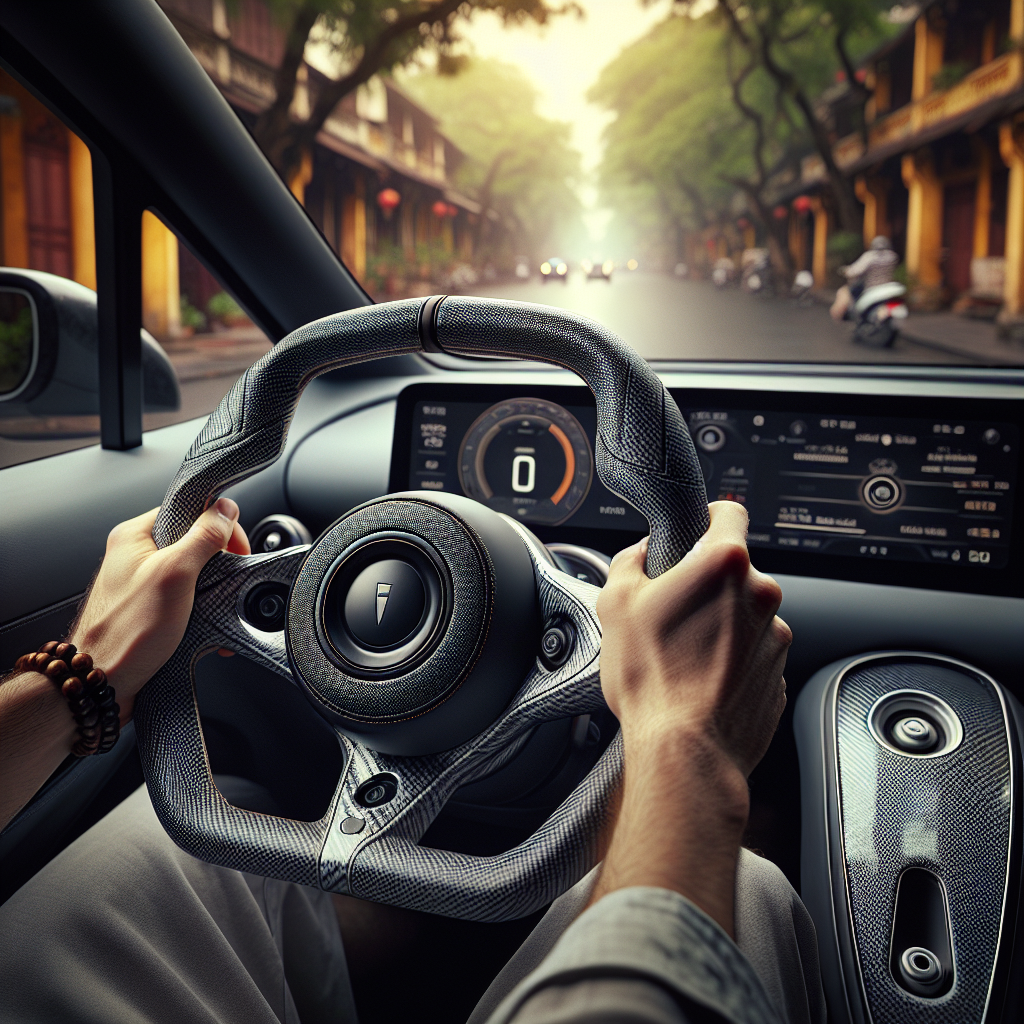 Cận cảnh bàn tay đang cầm vô lăng xe điện được bọc da Alcantara cao cấp, nội thất xe hiện đại.
