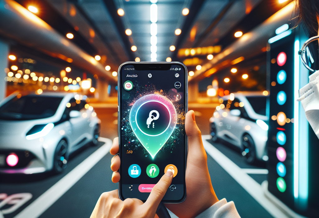 Một người đang dùng ứng dụng VinFast trên điện thoại thông minh để tìm trạm sạc xe điện gần nhất.