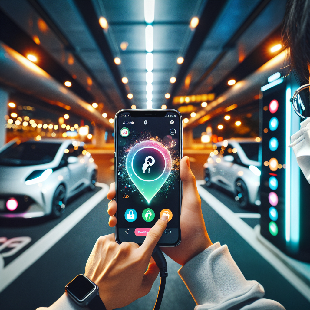 Một người đang dùng ứng dụng VinFast trên điện thoại thông minh để tìm trạm sạc xe điện gần nhất.