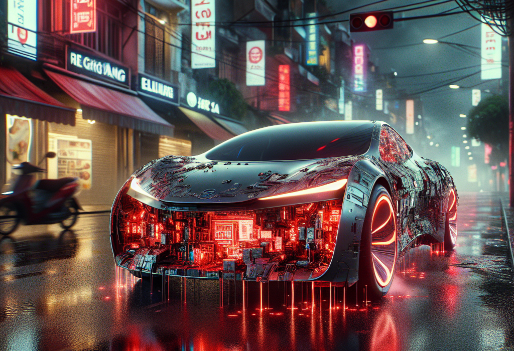 Một chiếc ô tô điện hiện đại với biểu tượng khóa và cảnh báo lỗi màu đỏ trên màn hình trung tâm.