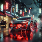 Một chiếc ô tô điện hiện đại với biểu tượng khóa và cảnh báo lỗi màu đỏ trên màn hình trung tâm.