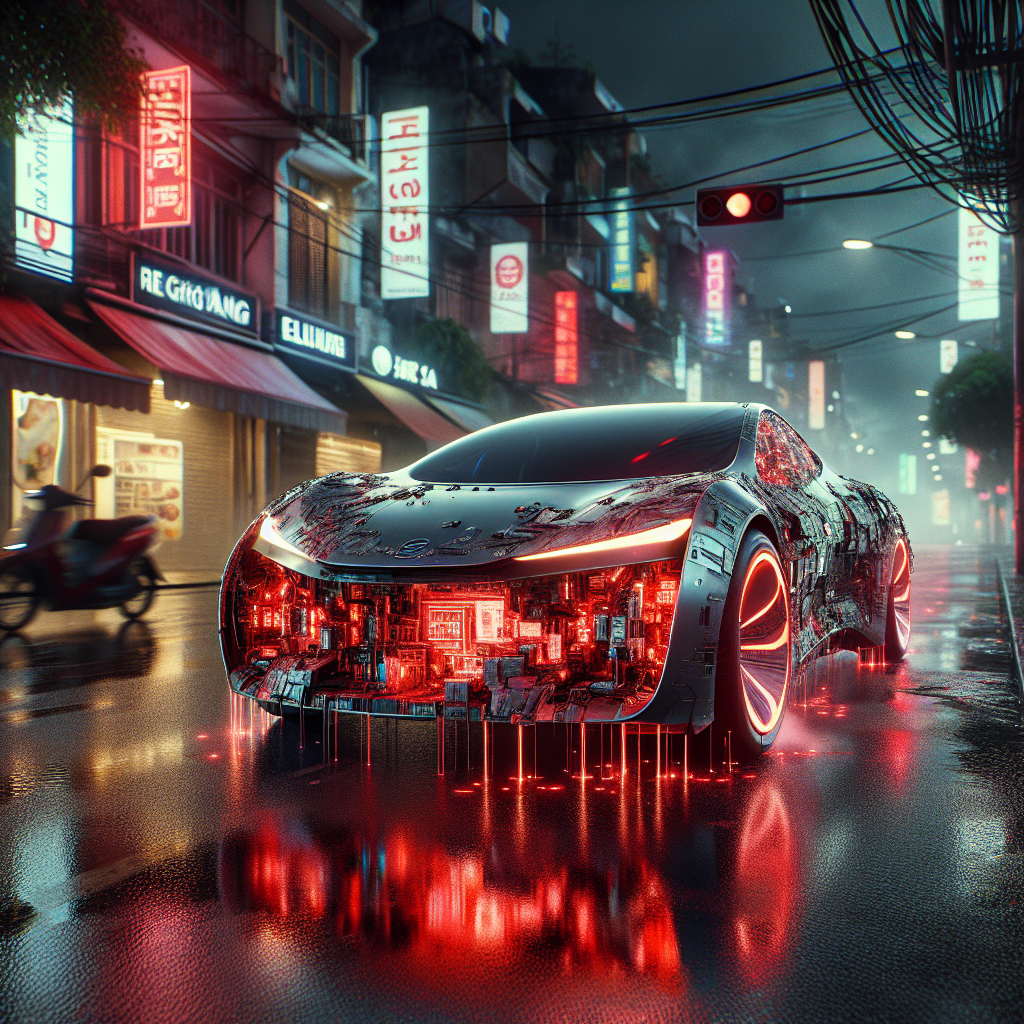 Một chiếc ô tô điện hiện đại với biểu tượng khóa và cảnh báo lỗi màu đỏ trên màn hình trung tâm.