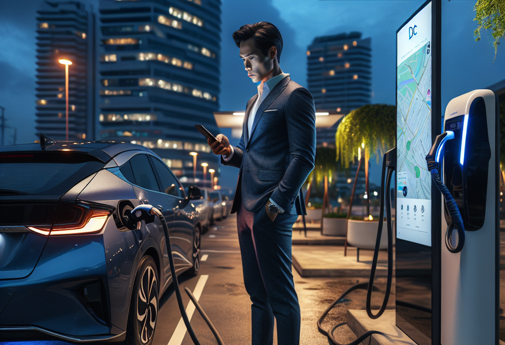 Một chiếc xe điện màu trắng đang được cắm sạc tại trạm sạc công cộng vào ban đêm.