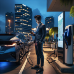 Một chiếc xe điện màu trắng đang được cắm sạc tại trạm sạc công cộng vào ban đêm.