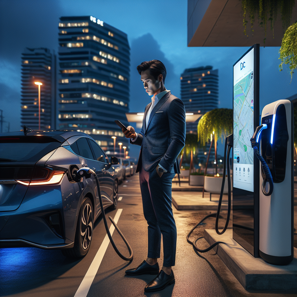 Một chiếc xe điện màu trắng đang được cắm sạc tại trạm sạc công cộng vào ban đêm.