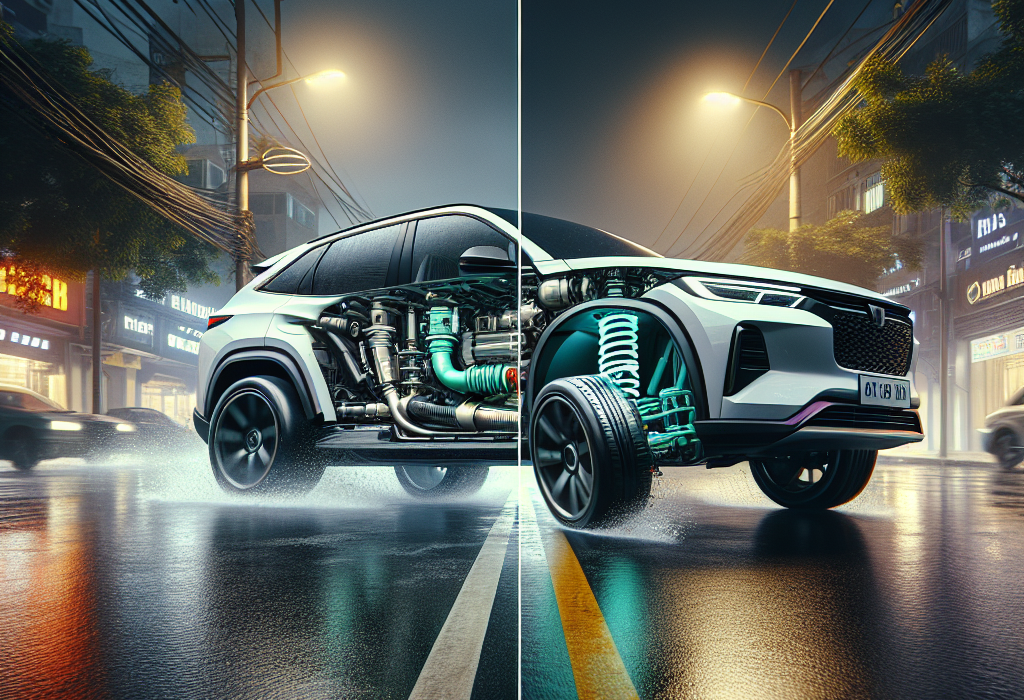 Cận cảnh bộ phuộc coilover hiệu suất cao màu xanh lá của Tein được lắp đặt trên một chiếc xe điện.