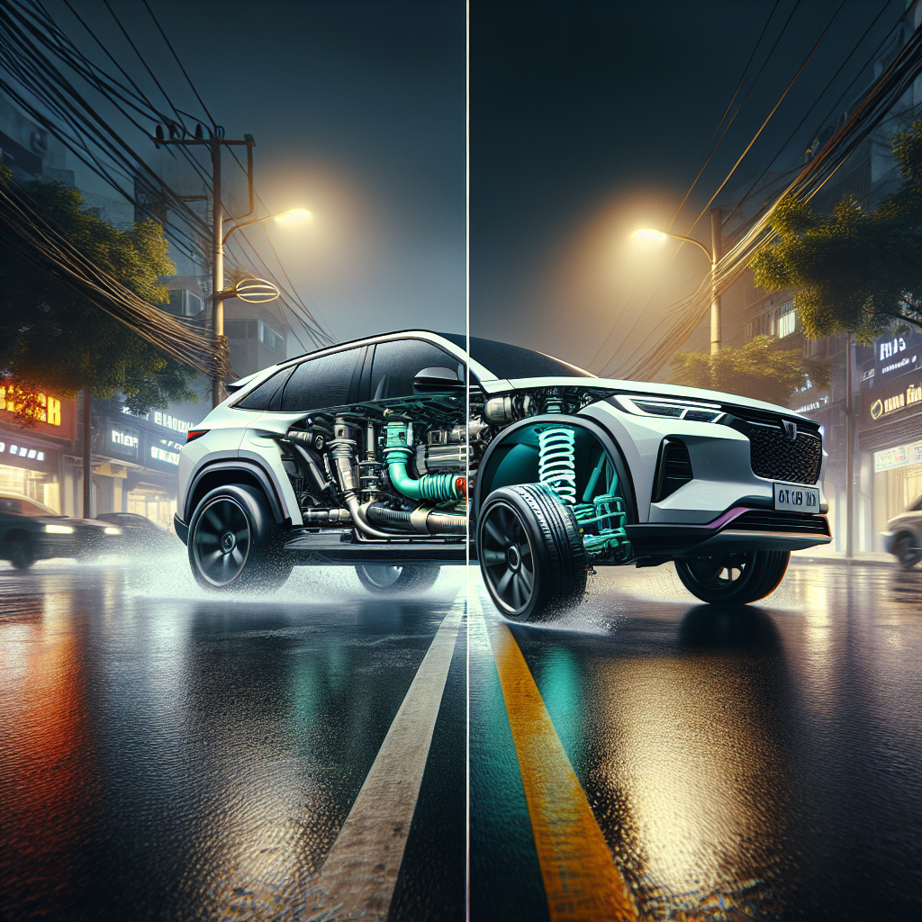 Cận cảnh bộ phuộc coilover hiệu suất cao màu xanh lá của Tein được lắp đặt trên một chiếc xe điện.