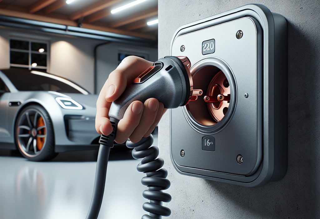 Một bộ sạc di động cho xe điện được cắm vào ổ cắm công nghiệp chuyên dụng trên tường gạch.