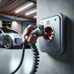 Một bộ sạc di động cho xe điện được cắm vào ổ cắm công nghiệp chuyên dụng trên tường gạch.