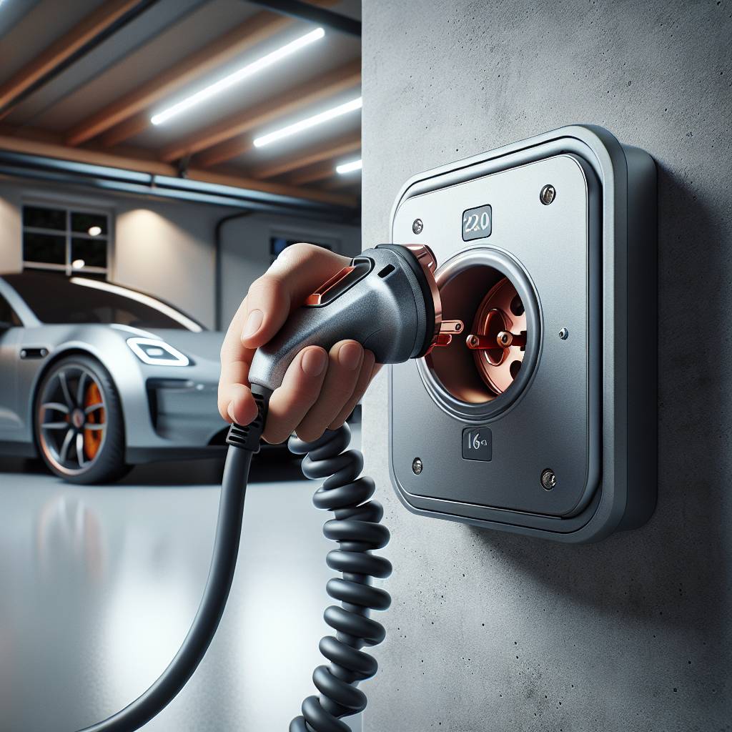 Một bộ sạc di động cho xe điện được cắm vào ổ cắm công nghiệp chuyên dụng trên tường gạch.