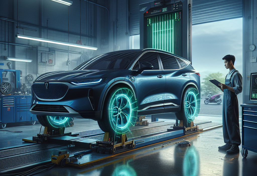 Kỹ thuật viên đang sử dụng máy laser để căn chỉnh độ chụm cho một chiếc xe điện hiện đại trong garage.