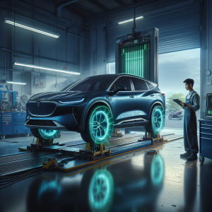 Kỹ thuật viên đang sử dụng máy laser để căn chỉnh độ chụm cho một chiếc xe điện hiện đại trong garage.