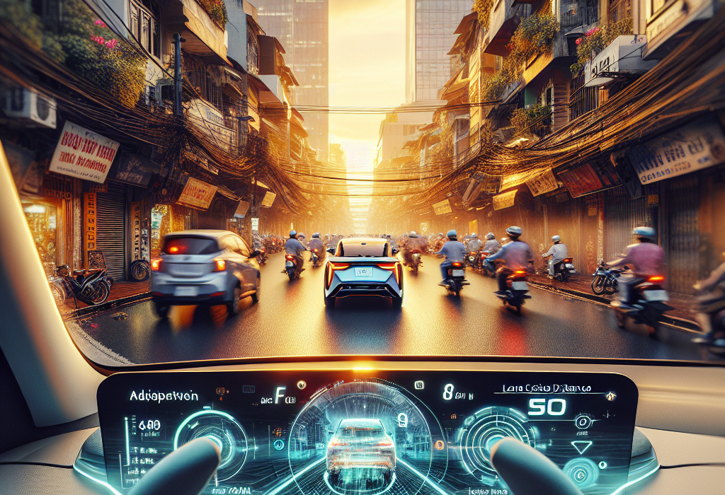 Vô lăng xe điện với các nút điều khiển hệ thống ADAS, phía trước là cảnh tắc đường trong thành phố.