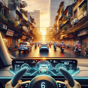 Vô lăng xe điện với các nút điều khiển hệ thống ADAS, phía trước là cảnh tắc đường trong thành phố.