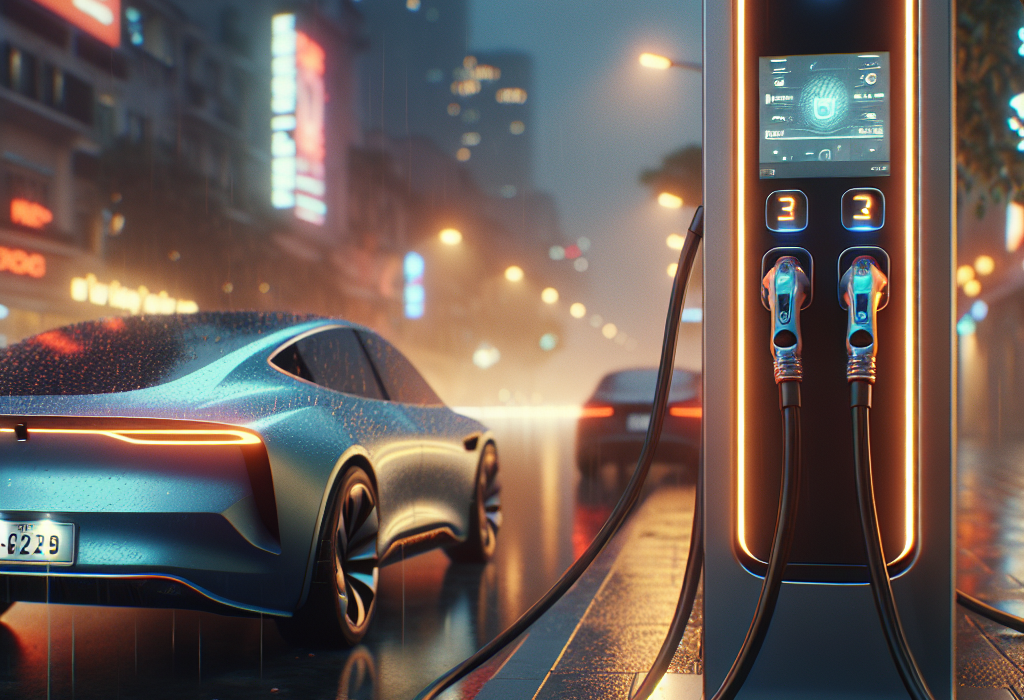 Cận cảnh cổng sạc NACS của Tesla cắm vào xe điện màu trắng.