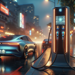 Cận cảnh cổng sạc NACS của Tesla cắm vào xe điện màu trắng.