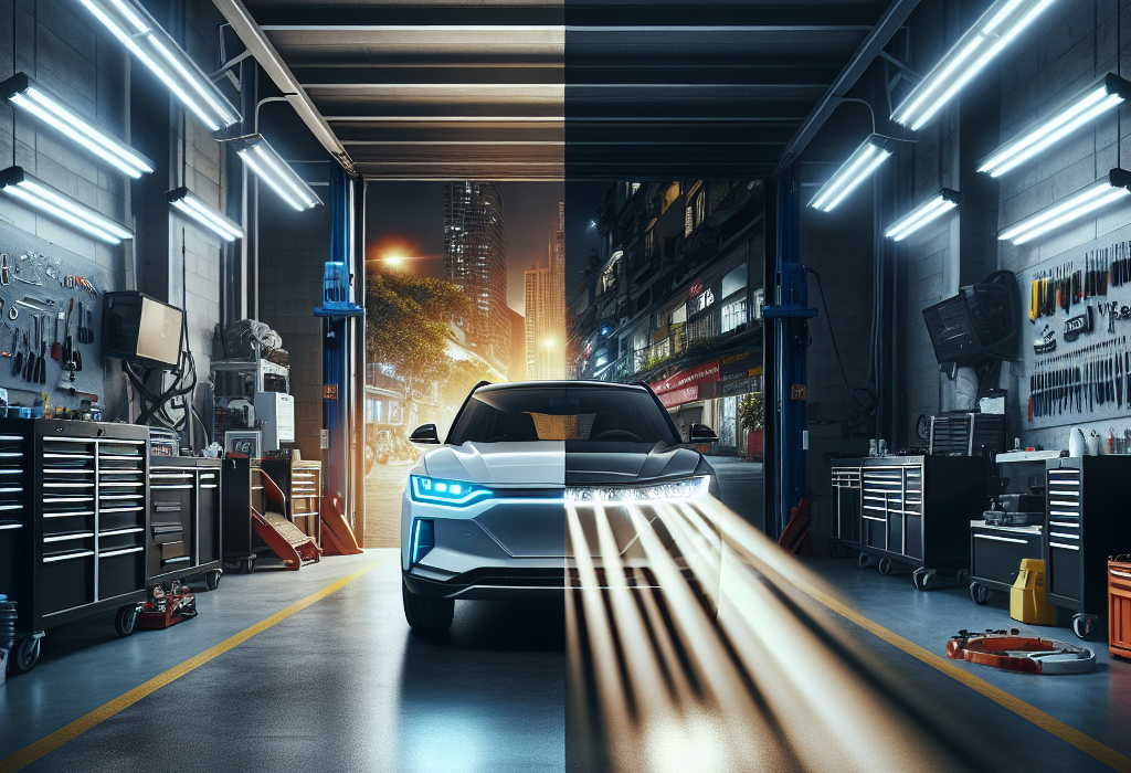 Cận cảnh đèn pha LED hiện đại của một chiếc xe điện, ánh sáng trắng sắc nét.