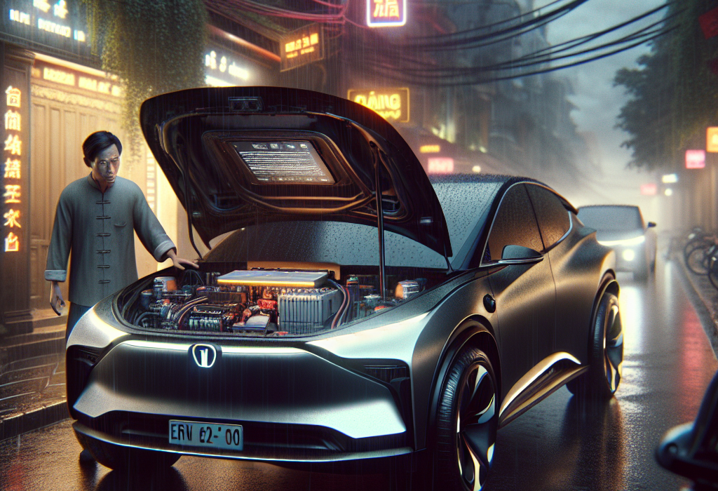 Một kỹ thuật viên đang dùng đồng hồ vạn năng để kiểm tra điện áp của ắc quy 12V dưới nắp capo một chiếc xe điện.