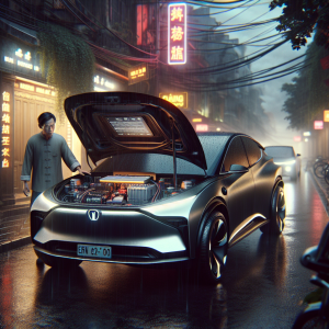 Một kỹ thuật viên đang dùng đồng hồ vạn năng để kiểm tra điện áp của ắc quy 12V dưới nắp capo một chiếc xe điện.