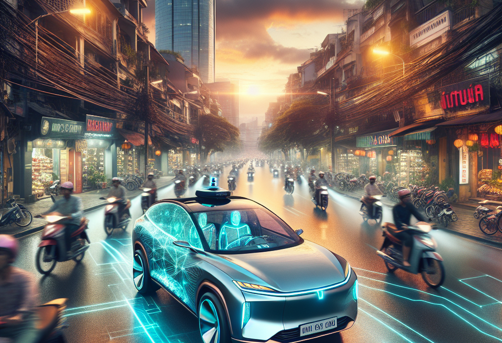 Một chiếc xe điện hiện đại đang di chuyển trên đường cao tốc, với các luồng dữ liệu và giao diện đồ họa hiển thị công nghệ tự lái.